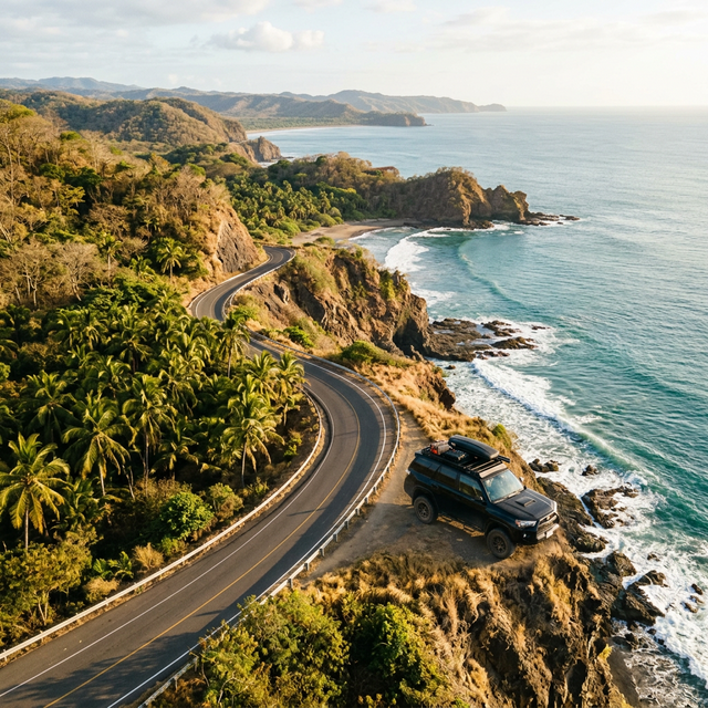 SUV on scenic coastal highway in Guanacaste