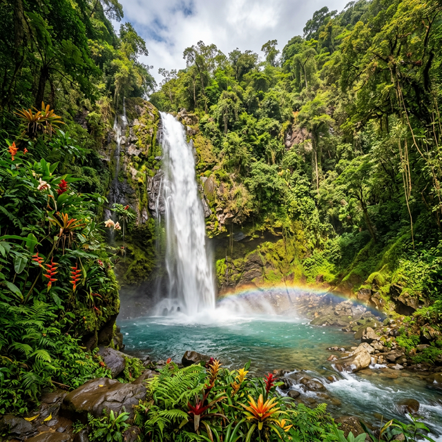Tropical waterfall with rainbow in Costa Rica rainforest